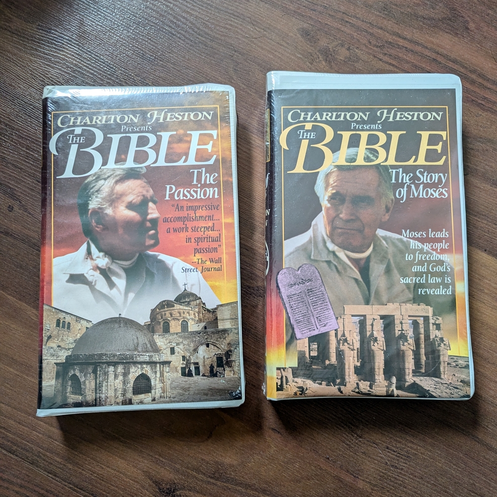 Brand New Set Of 2 Charlton Heston Presents The Bible VHS Set